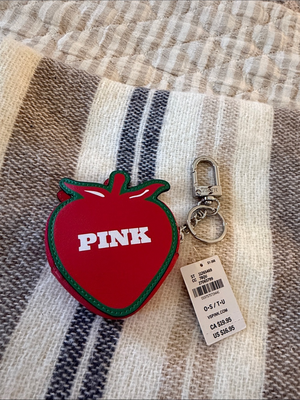 PINK Victoria's Secret Red Strawberry Coin Case Keychain with Green Trim